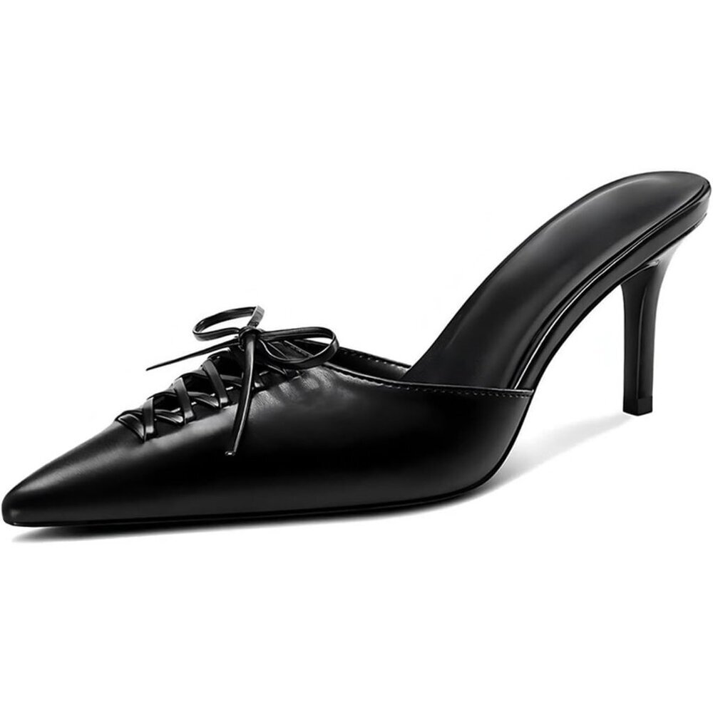 Women's Black Stiletto Pointed Closed Toe Dressy Bow Heel Vintage Heeled Mules